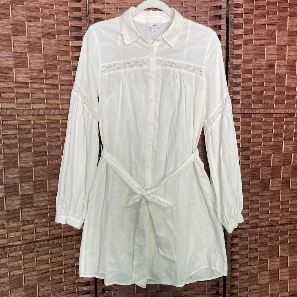 Fate Long Sleeve Button-Front Tunic Dress, Boho Cottagecore Coastal, Size S.